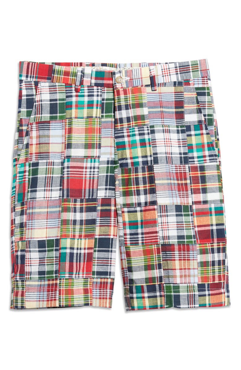 Berle Patchwork Madras Flat Front Shorts, Alternate, color, Green