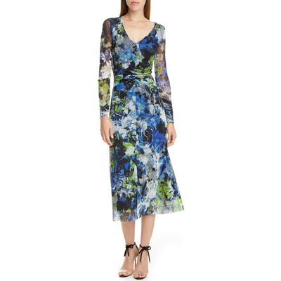 Fuzzi Floral Print Long Sleeve Ruched Midi Dress, Black