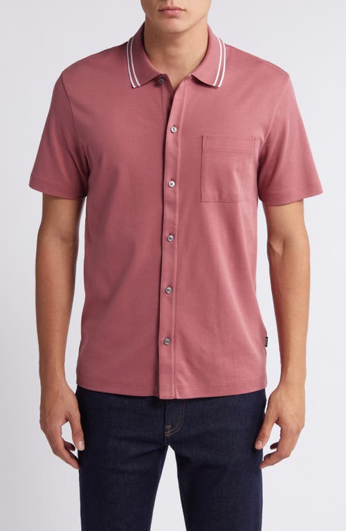 Shop Hugo Boss Boss Powell Tipped Short Sleeve Knit Button-up Shirt In Open Red