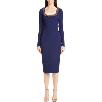 Badgley Mischka Embellished Long Sleeve Sheath Dress, Blue