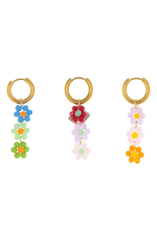 Ayounik Set Of 3 Beaded Floral Drop Huggie Hoop Earrings In Multi