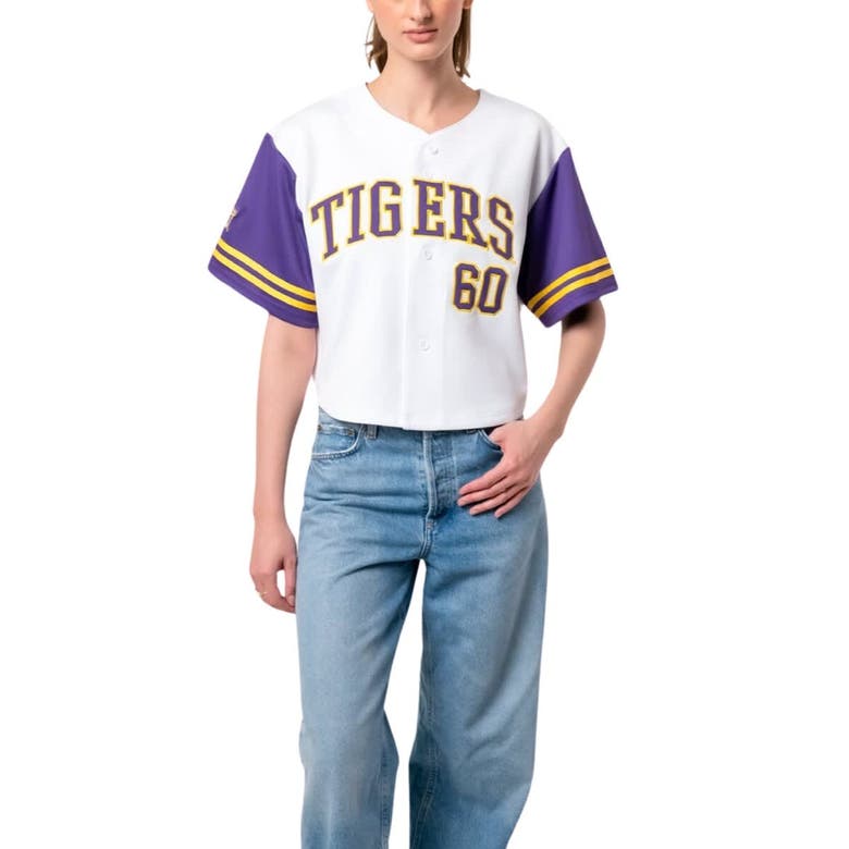 Shop Established & Co. White Lsu Tigers Baseball Jersey Cropped T-shirt