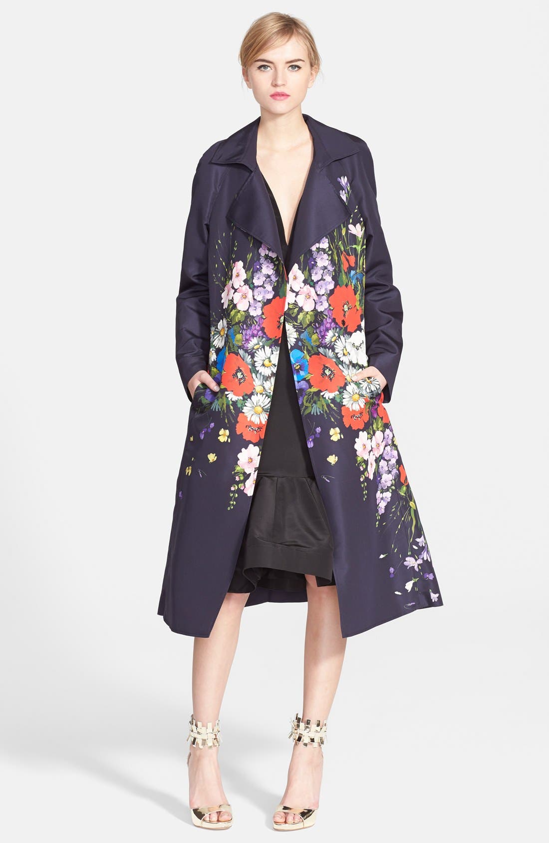 Oscar de la Renta Floral Print Silk Faille Trench Coat Nordstrom