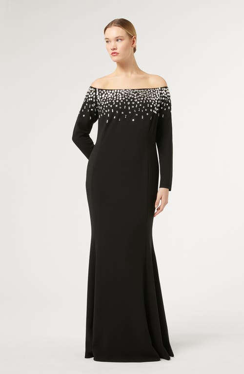 Shop Marina Rinaldi Pedina Off The Shoulder Long Sleeve Cady Gown In Black