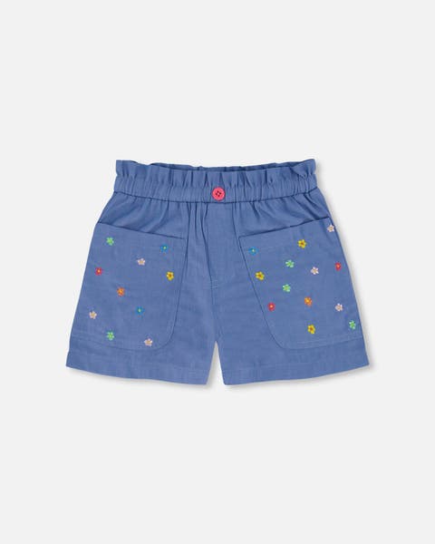 Girl's Chambray Short With Embroidered Flowers