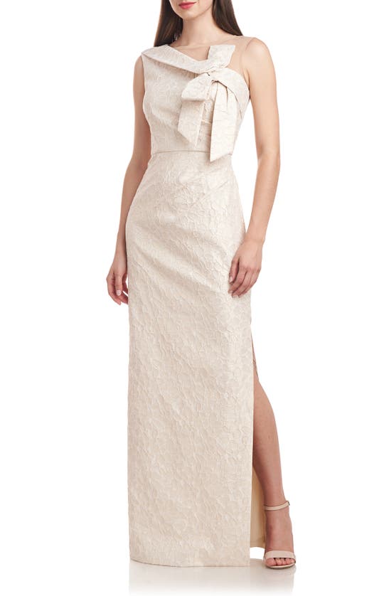 Shop Js Collections Odette Asymmetric Illusion Yoke Gown In Pale Gold