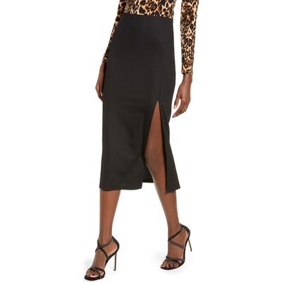 Leith Ribbed Side Slit Midi Skirt, Black