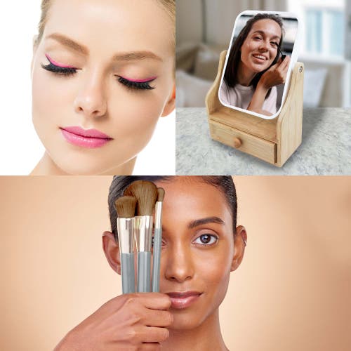 Pursonic 5pc Studio Makeup Brush Set + False Eyelashes Extensions + Dual-sided Vanity Mirror In Beige