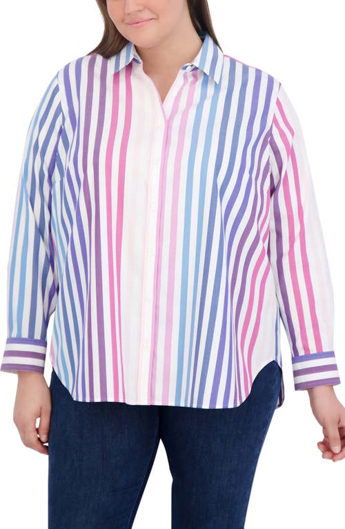 Foxcroft Stripe Cotton Button-Up Shirt in White Multi at Nordstrom, Size 1X