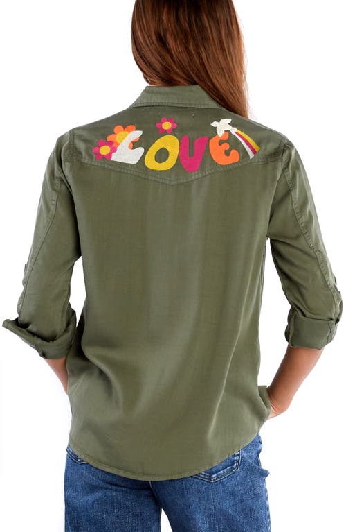 Billy T Peace & Love Embroidered Button-up Shirt In Soft Olive