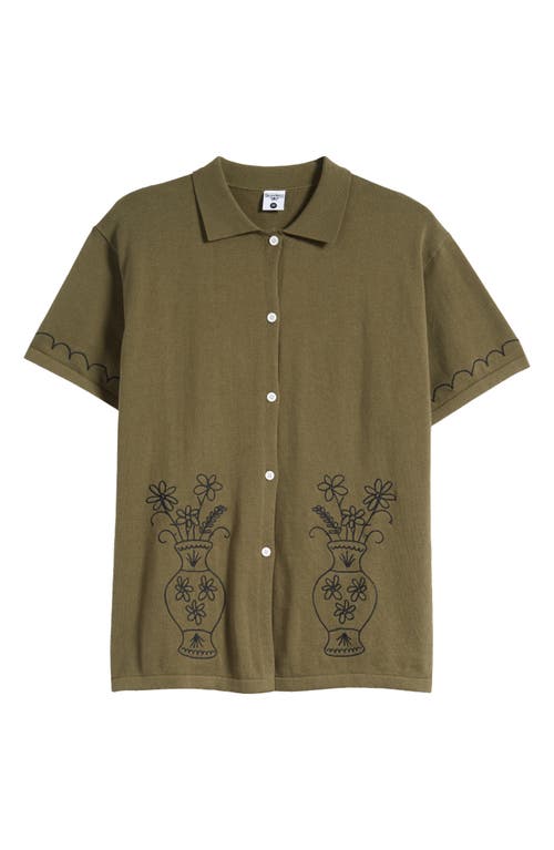 Embroidered Vase Knit Short Sleeve Button-Up Shirt in Olive