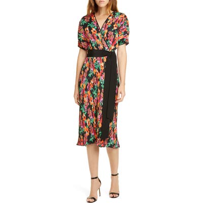 Dvf Autumn Floral Micropleat Short Sleeve Dress, Black
