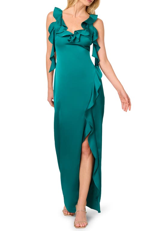 Shop Adrianna Papell Ruffle Stretch Satin Column Gown In Deep Emerald