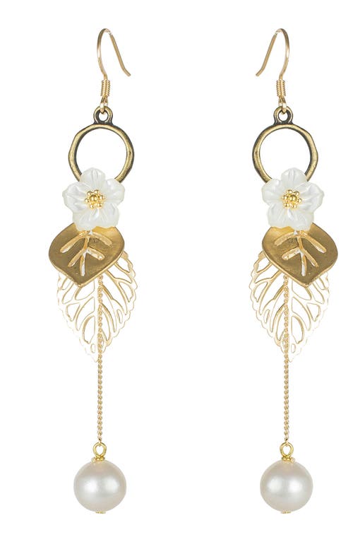 Shop Jardin Mother-of-pearl Leaf 6-7mm Freshwater Pearl Drop Earrings In White/gold