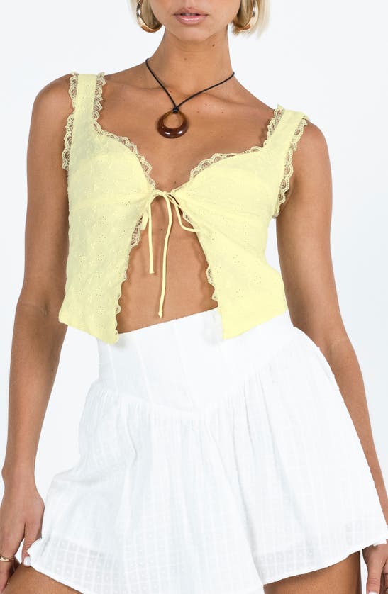 Shop Princess Polly Merrelle Lace Trim Tie Front Tank In Lemon