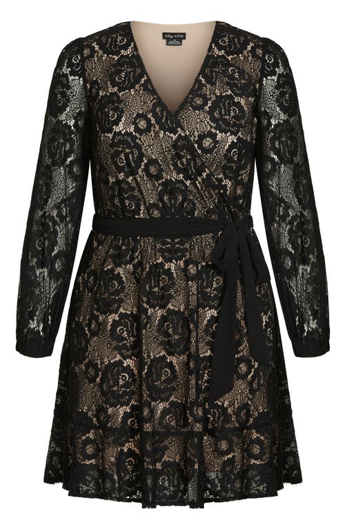 Shop City Chic Fly Away Long Sleeve Lace Faux Wrap Dress In Black/beige