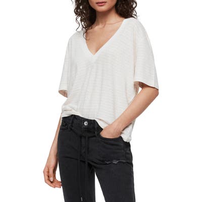 Allsaints Saro Stripe V-Neck Cotton & Linen Tee, Ivory