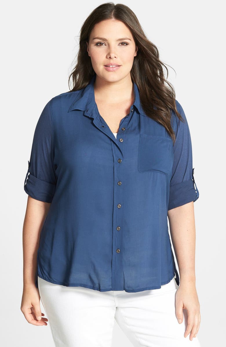 Seven7 Mixed Media Cotton Roll Sleeve Shirt (Plus Size) | Nordstrom