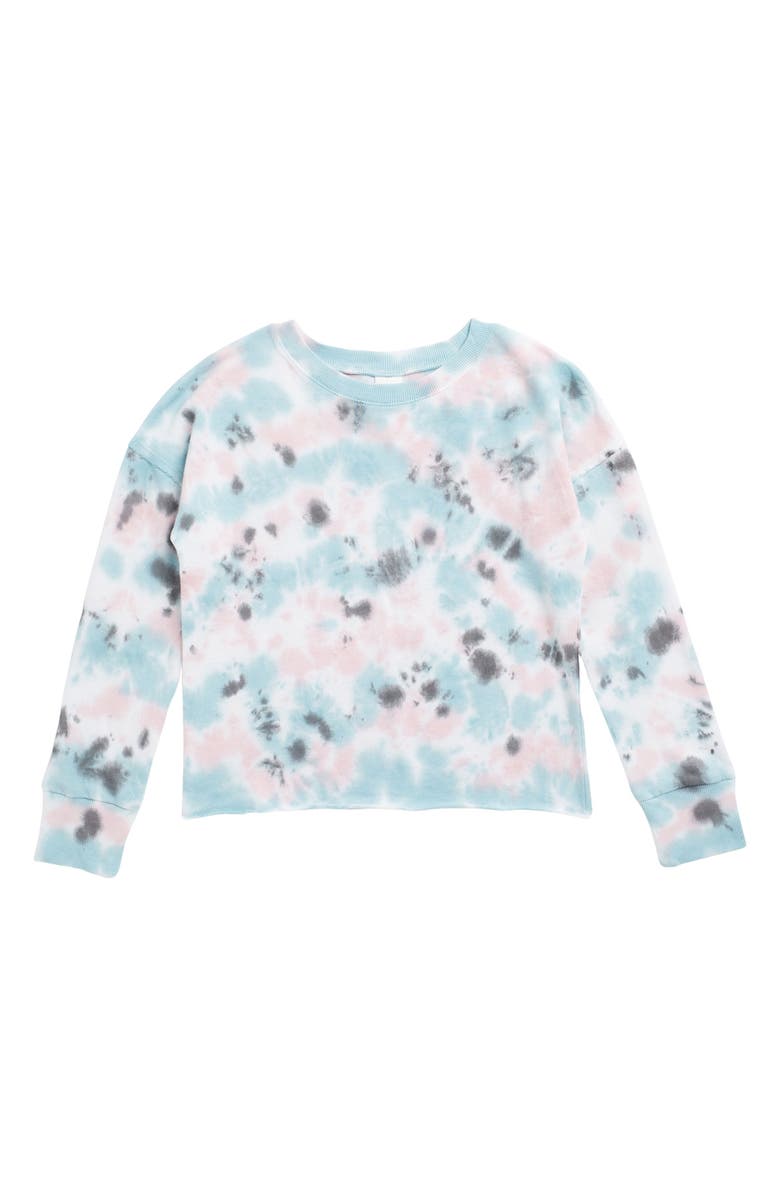 MELROSE AND MARKET Printed Fleece Pullover Sweater, Main, color, BLUE ORYDALIS- PINK TIE DYE