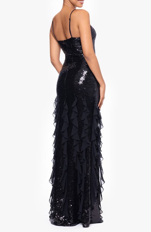 Betsy & Adam Sequin & Ruffle Gown In Black