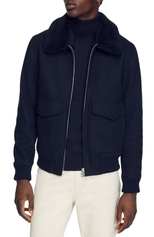 sandro Aviator Genuine Shearling Collar Wool Blend Bomber Jacket in Navy Blue at Nordstrom, Size X-Small