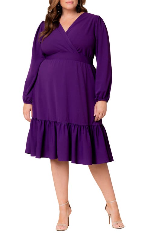 Kiyonna Portia Long Sleeve Midi Faux Wrap Cocktail Dress in Deep Violet 