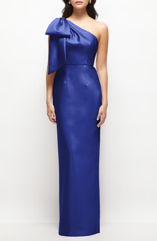 Alfred Sung Bow Detail One-Shoulder Satin Twill Column Gown in Cobalt Blue 