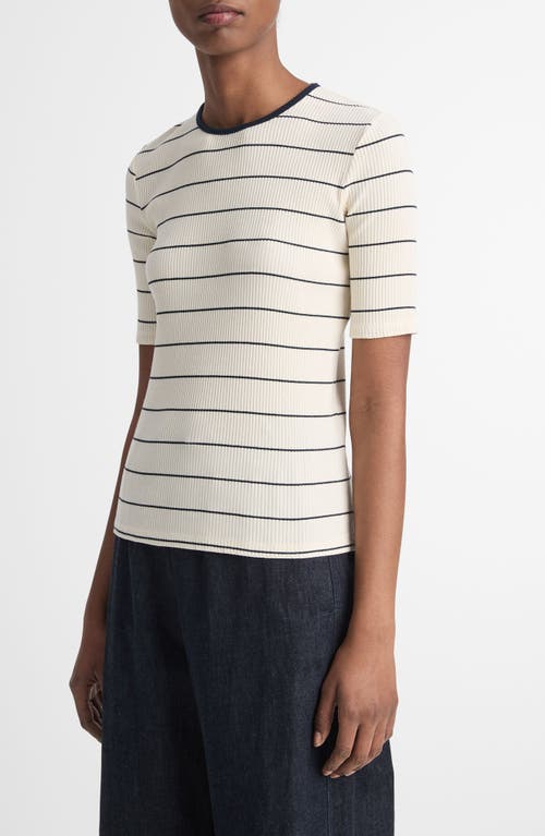 Shop Vince Stripe Short Sleeve Knit Top In Flaxen/deep Lake