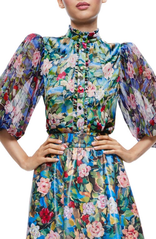 Alice + Olivia Ilan Floral Pleated Puff Sleeve in Breeze Floral