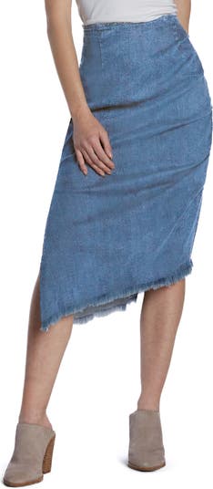 Wash Lab Denim Bustle Frayed Asymmetric Denim Midi Skirt | Nordstrom
