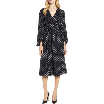 Anne Klein Dot Print Smocked Waist Dress, Black