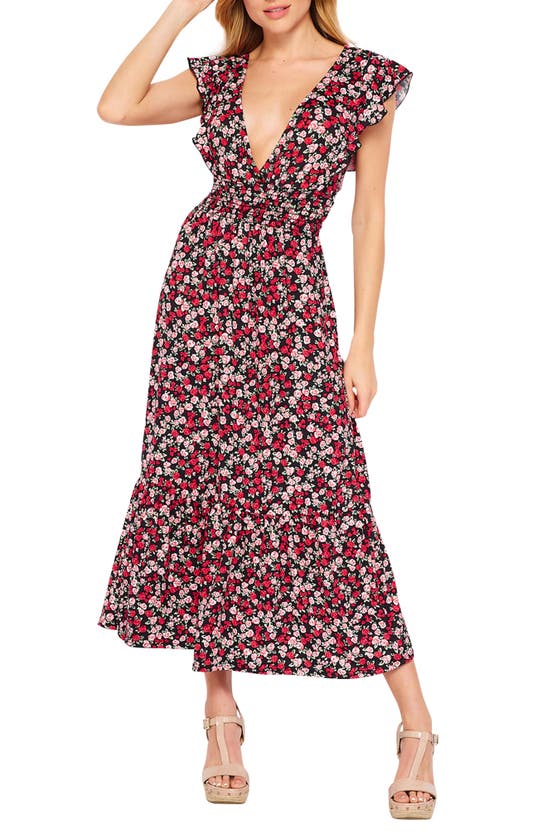Velvet Torch Smock Waist Ruffle Sleeve Midi Dress In Blue Floral | ModeSens