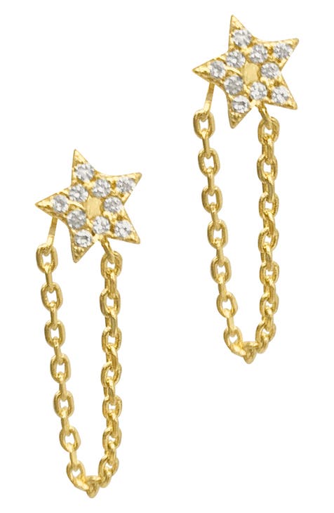 Pave Swarovski Crystal Star Front & Back Draped Chain Stud Earrings