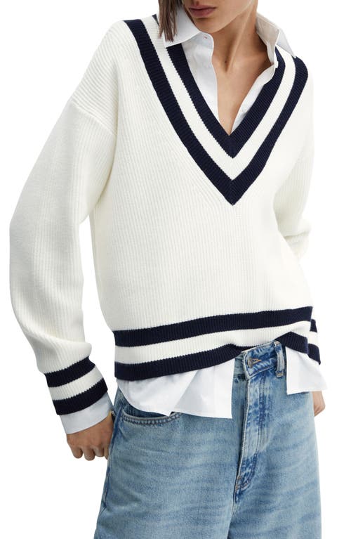MANGO Contrast Stripe V-Neck Sweater Ecru at Nordstrom,