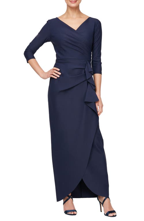 Shop Alex Evenings Surplice V-neck Three-quarter Sleeve Gown In Navy