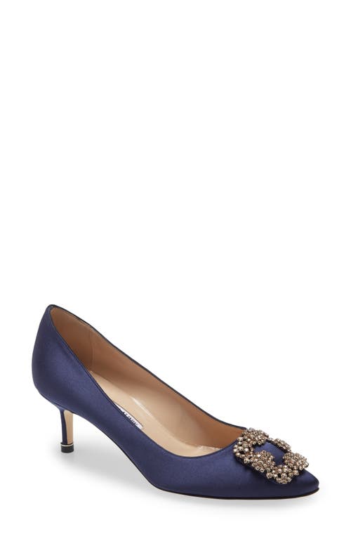 Shop Manolo Blahnik Hangisi Jeweled Kitten Heel Pump In Navy Satin/silk Buckle