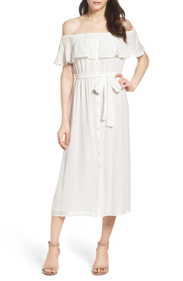 BARDOT Marina Ruffle Off the Shoulder Midi Dress, Main, color, IVORY