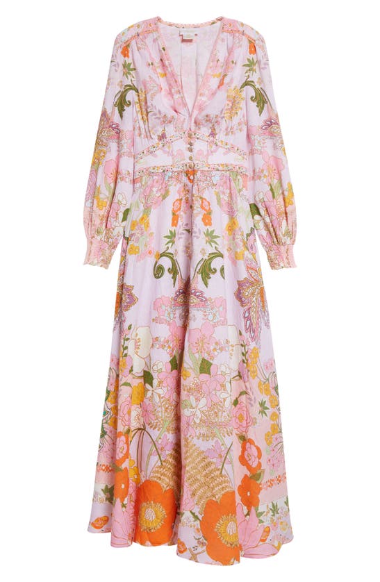 Camilla Long Sleeve Plunge Neck Linen Maxi Dress In Pink