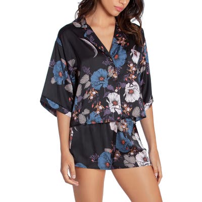 Midnight Bakery Floral Print Satin Short Pajamas, Black