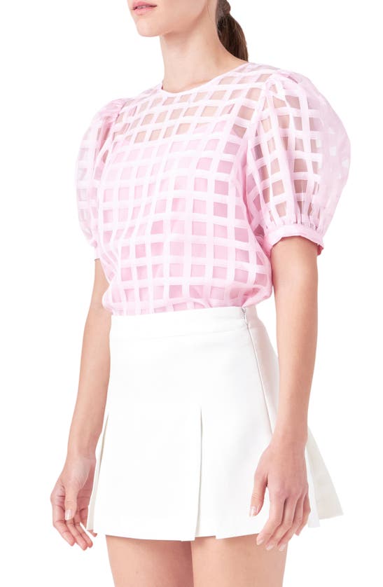 English Factory Women's Plaid Sheer Puff Sleeve Top In Pink