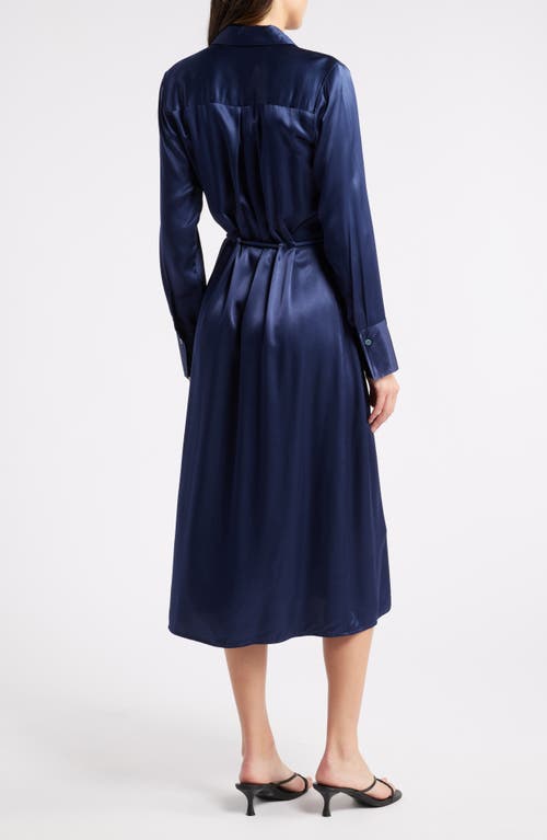 Shop Rails Anina Tie Waist Long Sleeve Satin Shirtdress In Navy