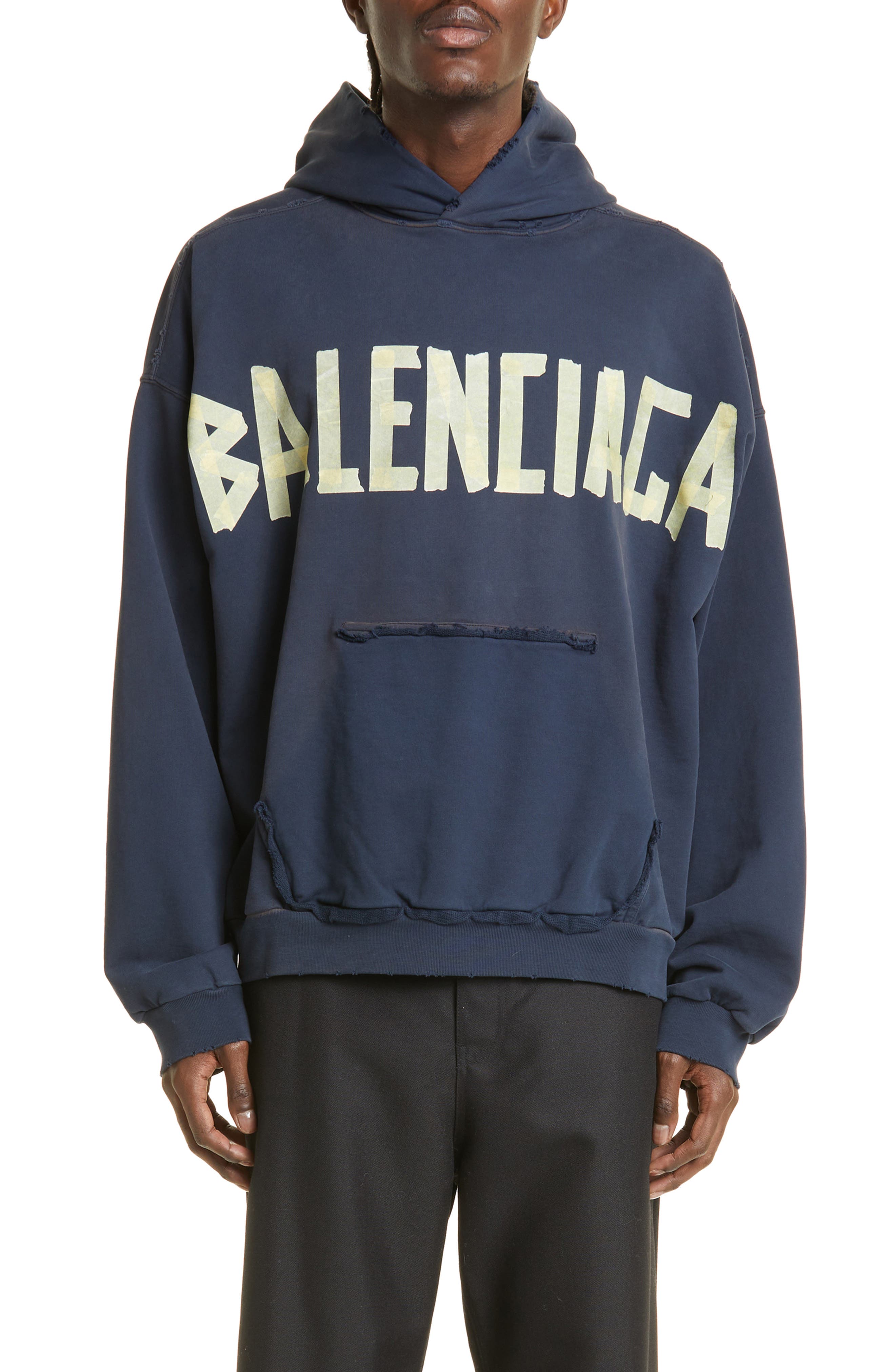 Balenciaga Men's Taped Logo Hoodie with Ripped Pocket