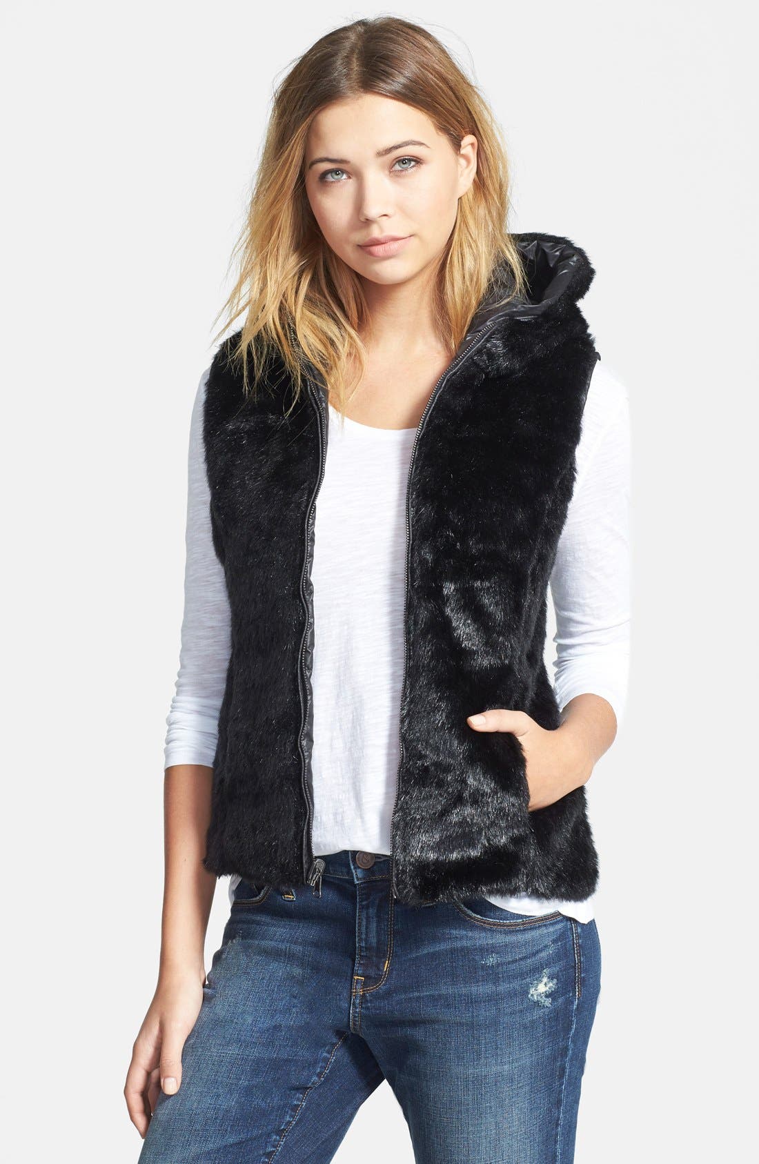 STELLA + LORENZO Reversible Faux Fur Hooded Down Vest | Nordstrom