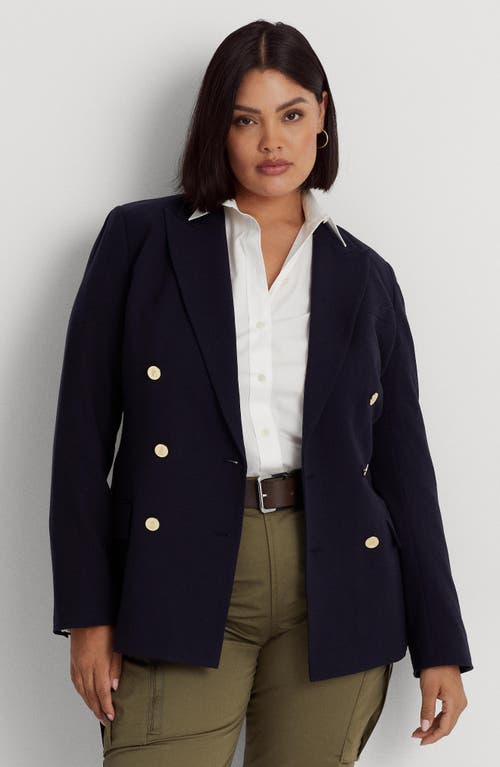 Shop Lauren Ralph Lauren Double Breasted Stretch Wool Crepe Blazer In Lauren Navy