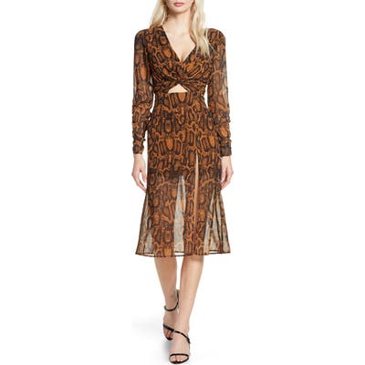 Finders Keepers Lana Snakeskin Print Long Sleeve Dress, Brown