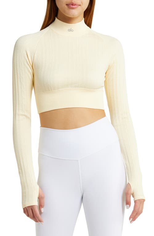 Alo Seamless Cable Fleece Crop Top in French Vanilla