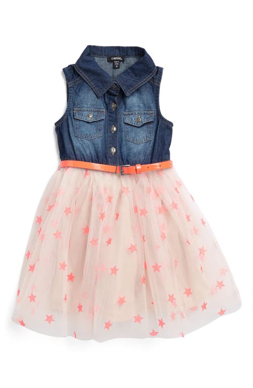 Shop Zunie Kids' Sleeveless Belted Denim & Star Tulle Dress In Denim/coral