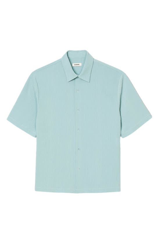 Shop Sandro New Pleated Short Sleeve Button-up Shirt In Light Blue