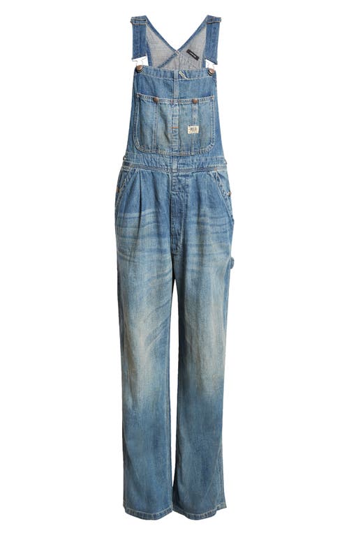 R13 Damon Pleated Wide Leg Denim Overalls in Weber Linen Indigo
