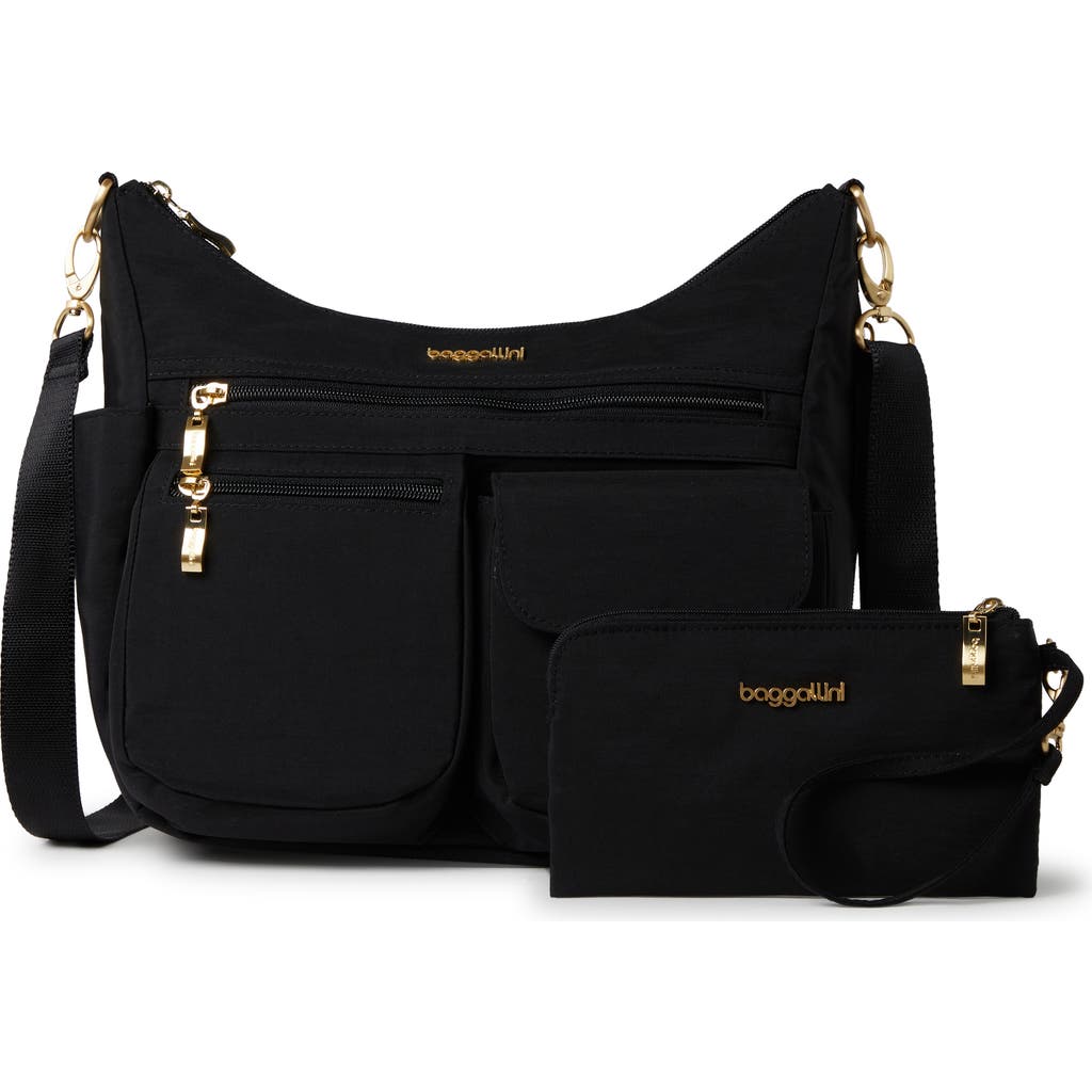 Baggallini Modern Everywhere Hobo Crossbody Bag With Wristlet In Black With Gold Hardware